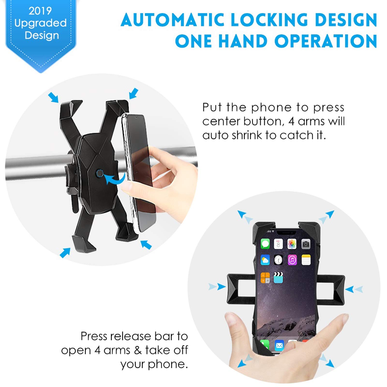 One-Touch Release Bike Phone Mount, 360° Rotatable Cell Phone Holder for Bike Handlebar/Stem, Universal Bicycle Phone Holder Compatible with iPhone, Samsung etc 4.0