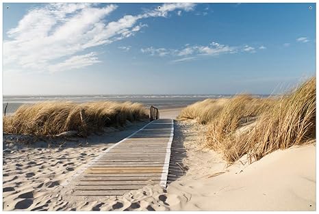 Wallario Garten-Poster Outdoor-Poster - Auf dem Holzweg zum Strand in Premiumqualität, Größe: 61 x 91,5 cm, für den Außeneins