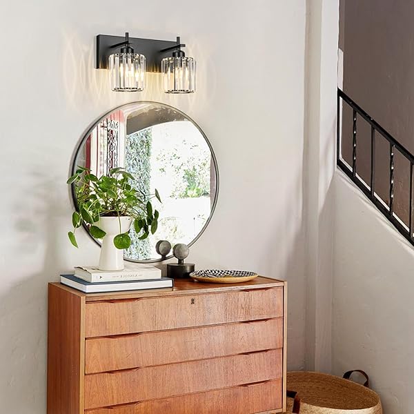 HUOKU BLACK CRYSTAL BATHROOM VANITY LIGHTS, MODERN 2-LIGHTS BATHROOM LIGHTING FIXTURES OVER MIRROR, CRYSTAL WALL LIGHTING WITH ROUND SHADE