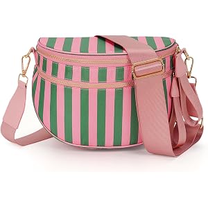 Striped Bum Bag for Women Large Capacity Crossbody Waist Pack with Wide Adjustable Strap for Casual Travel (pink green stripe