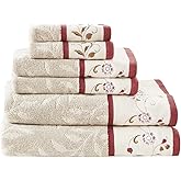 Madison Park Serene 100% Cotton Bath Towel Set Luxurious Floral Decorative Towels for Bathroom Embroidered Cotton Jacquard Design Soft Highly Absorbent for Shower 600 GSM, Multi-Sizes, Red 6 Piece