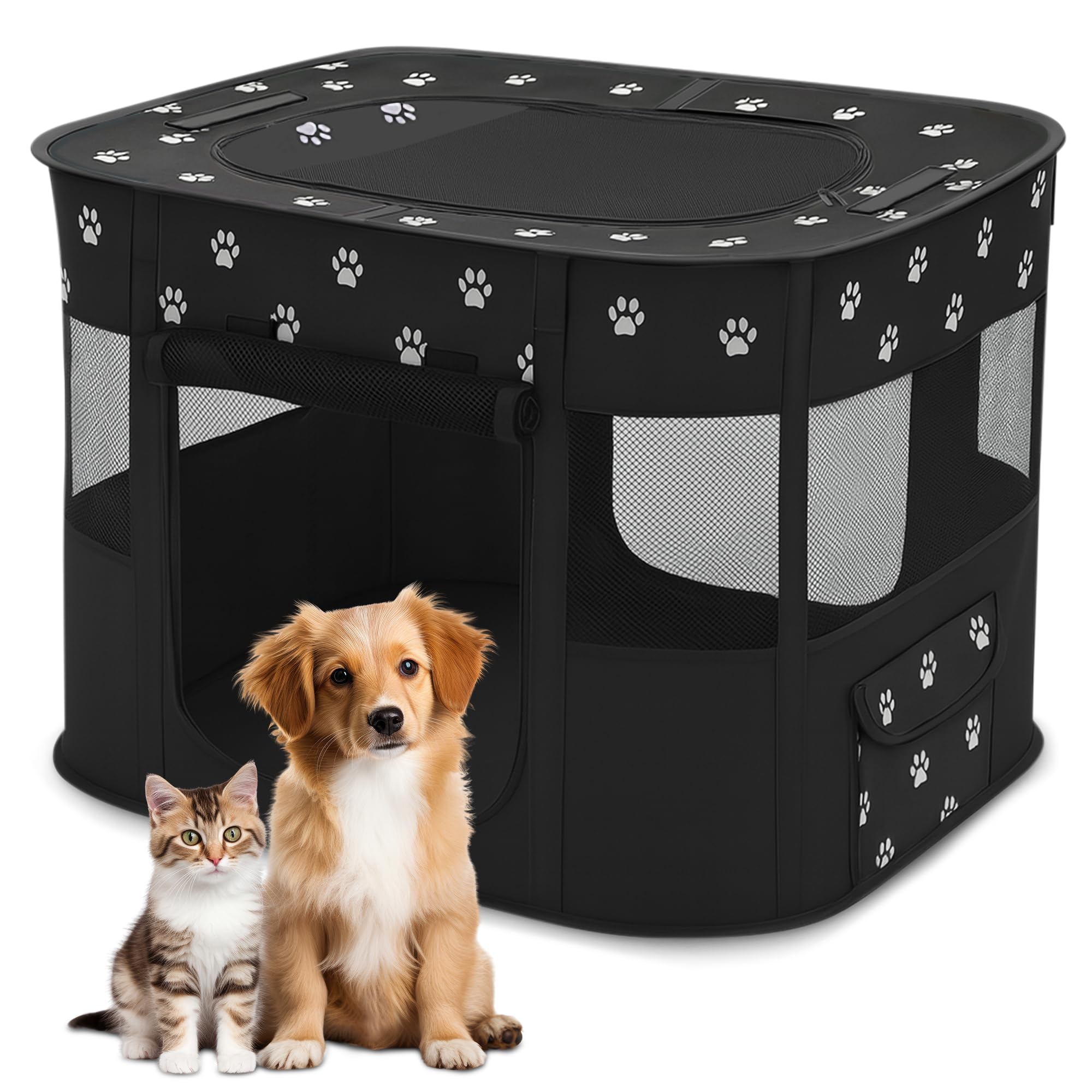 ALLSOPETS Cat Playpen for Dog, Foldable Pet Play Pen for Indoor Outdoor Use, Portable Dog Cat Crate Tent for Puppies Kittens, Pop-Up Pet Cage for Travel Camping (Black Paw, M)