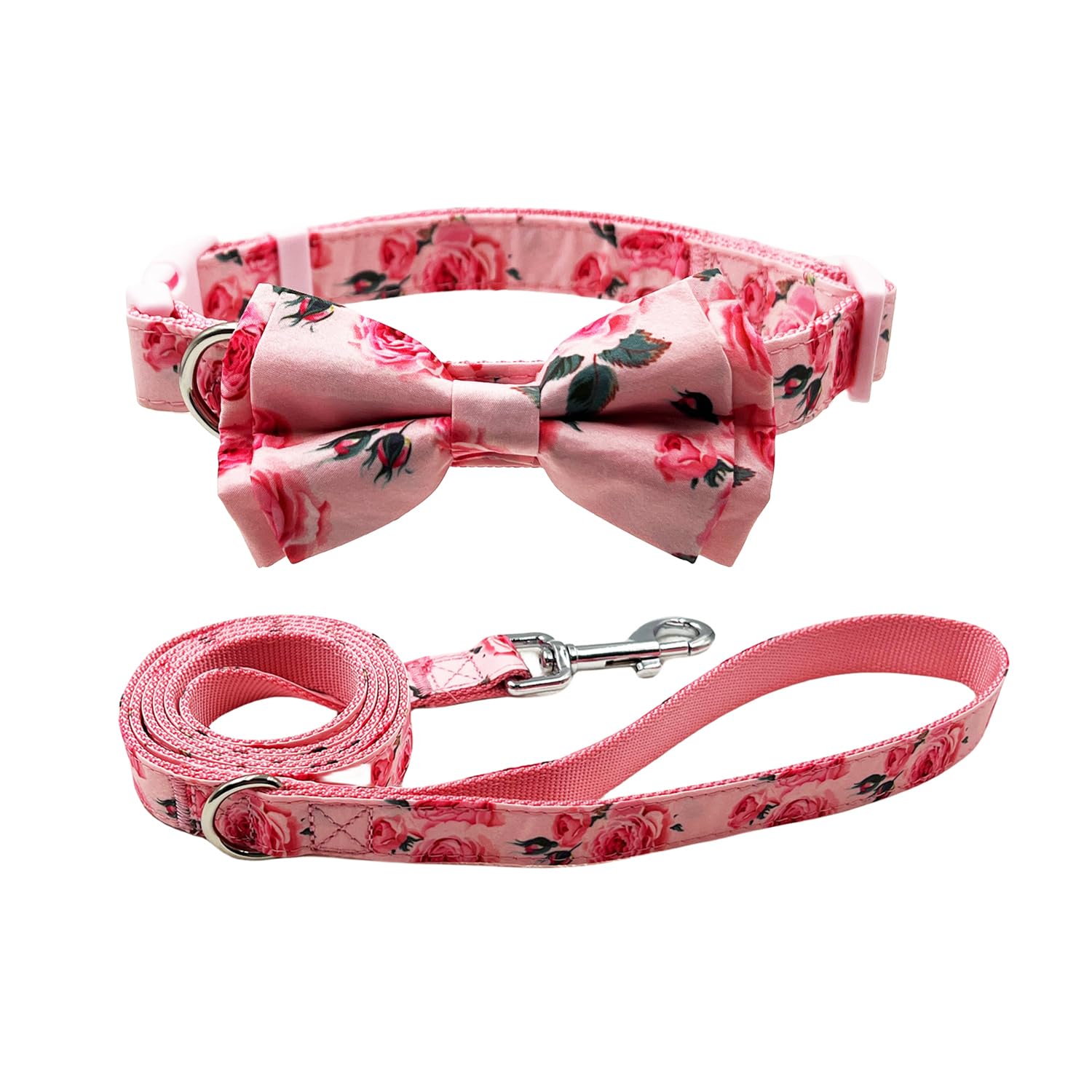 Olahibi Dog Bowtie Collar and Leash Combo Set, Pink Rose Pattern, Nylon Webbing Plus Cotton Ribbon, 150CM Leash, for Small Dogs.(S, Pink Rose) — image 1