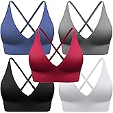 BLUELILY Adjustable Deep V Neck Bras 3/5 Pack Sports Bras for Women Padded Seamless Spaghetti Strap Criss Cross Yoga Bras