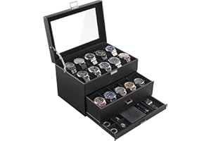 ProCase 20 Slot Watch Box for Men, 3-Layer Watch Display Case with Glass Lid, Watch Holder with Drawer, Jewelry Storage Organizer for Watches Straps Rings -AllBlack