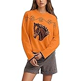 OLAPTA Women Horse Print Graphic Crewneck Sweaters Tops Long Sleeve Loose Knit Lightweight Cute Casual Fall Pullover Clothes
