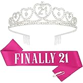 Amariver Finally 21 Silver Crown with Rhinestones & Hot Pink Sash - 21st Birthday Tiara & Party Supplies