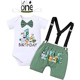 IBTOM CASTLE Baby Boy Safari 1st Birthday Outfit Wild One Jungle Party Romper Suspenders Shorts 3PCS Set for Cake Smash