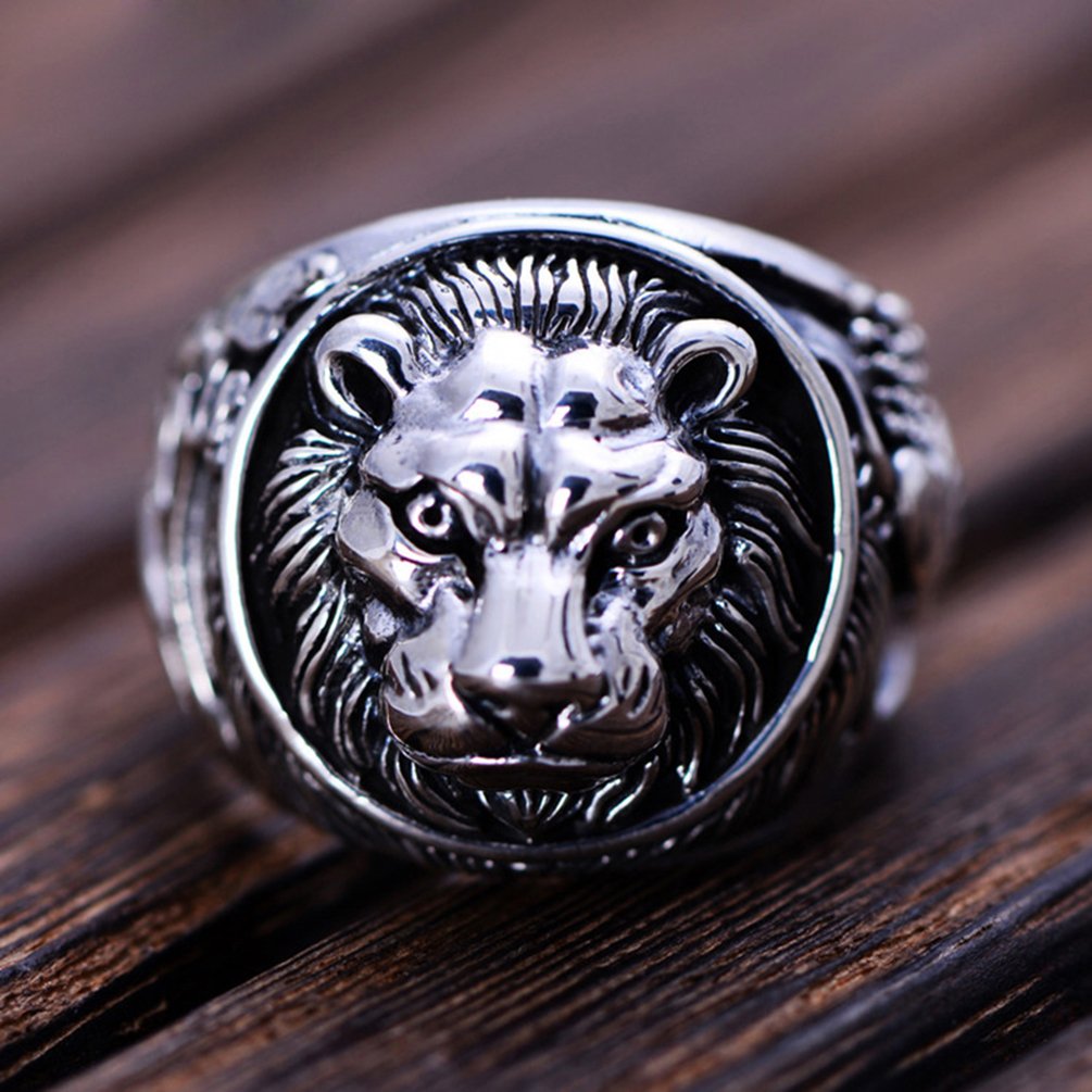 Mecoo 925 Sterling Silver Retro Vintage Lion Rings for Men Leo Ring
