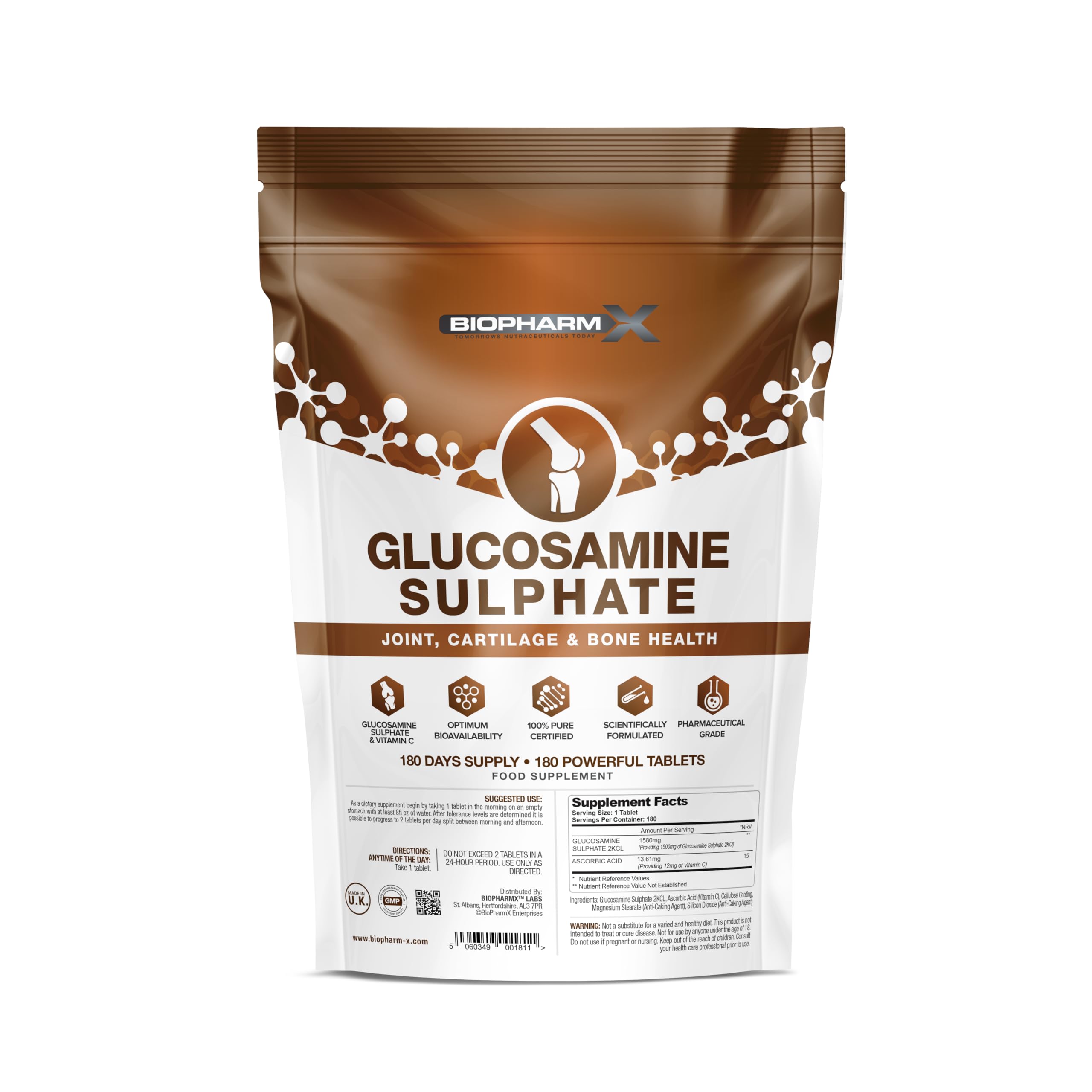 1500mg Glucosamine Sulphate 2KCL + Vitamin C (180 Tablets - 1 Per Day / 6 Month Supply)