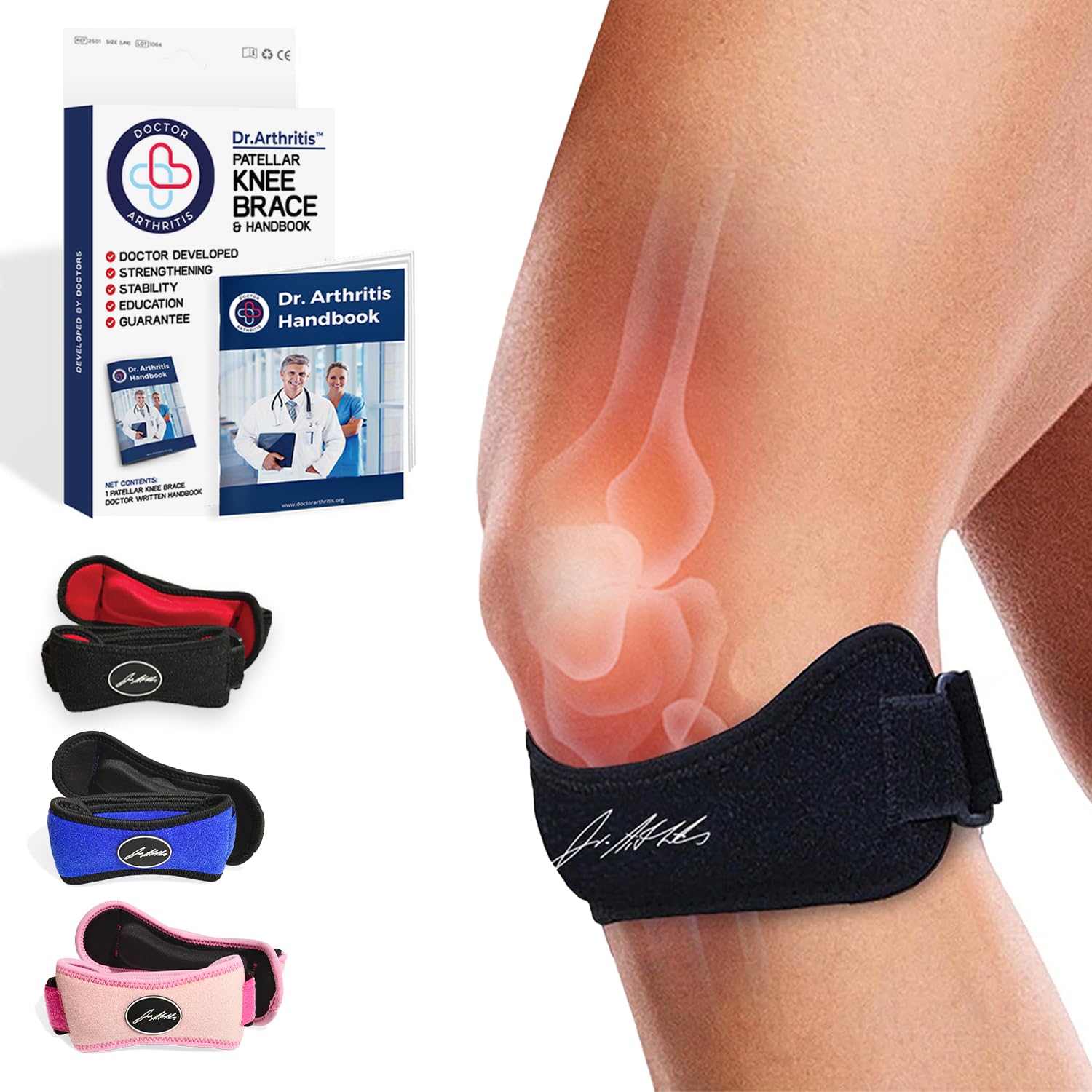 Dr.Arthritis Doctor Developed patella tendon strap, knee strap, brace and - & Doctor Handbook -, patellar tendonitis (jumper s knee), pfps (runner s knee), itbs, chondromalacia (black, single)