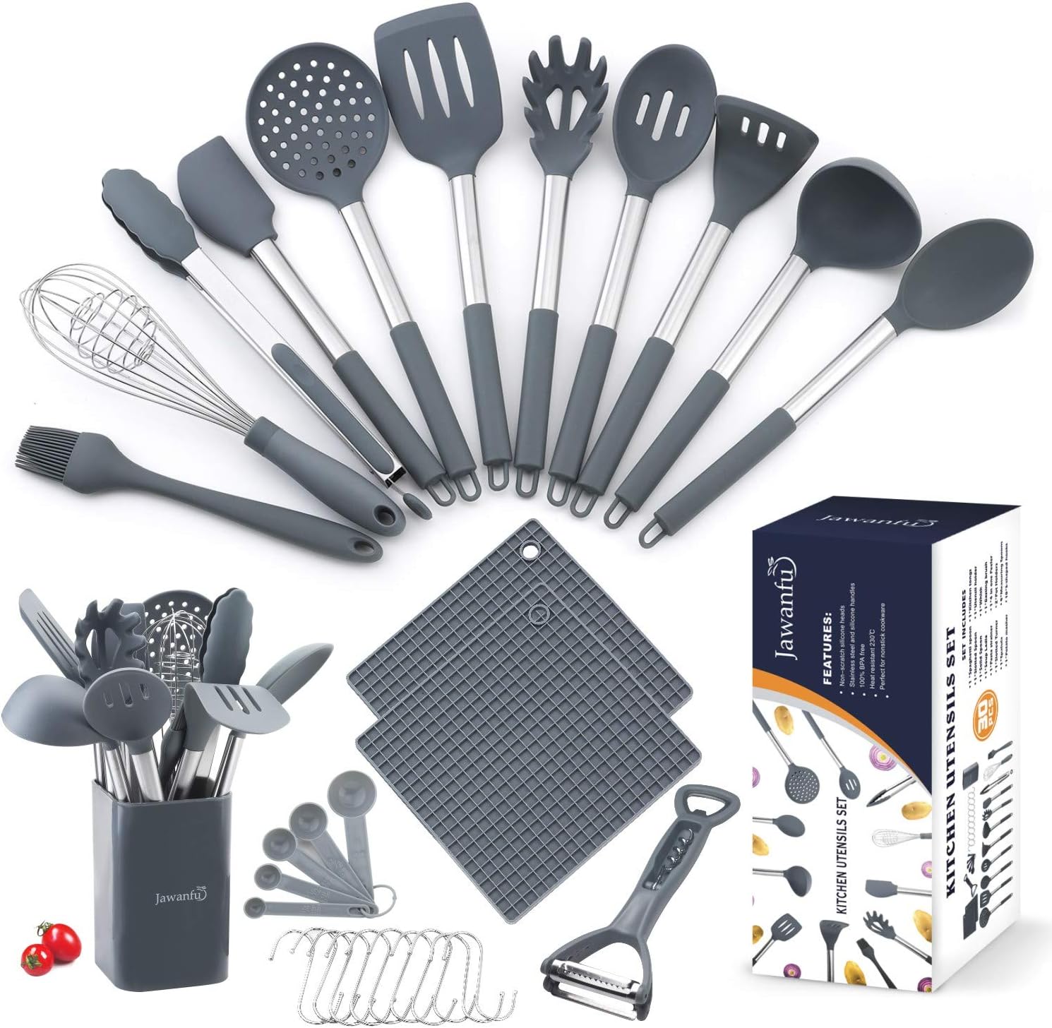 Jawanfu Kitchen Cooking utensils set, Silicone & Stainless Steel, 17PCS Kitchen Utensils Set with Holder, 446°F Heat Resistant Nontoxic, Cooking utensils for Non-stick Pan