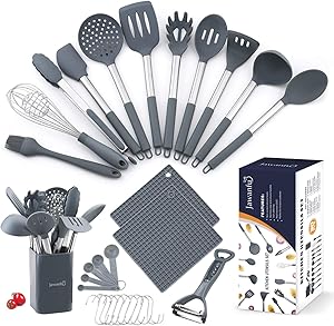 Jawanfu Kitchen Cooking utensils set, Silicone & Stainless Steel, 17PCS Kitchen Utensils Set with Holder, 446°F Heat Resistant Nontoxic, Cooking utensils for Non-stick Pan