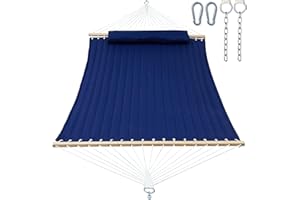 GAFETE Double Quilted Fabric Hammock with Spreader Bar, 14ft Hammocks 2 Person for Outside, Fits 12ft -14ft Hammock Stand, Large Pillow & Side Pockets & Carabiners, Max 475 lbs Capacity (Navy)