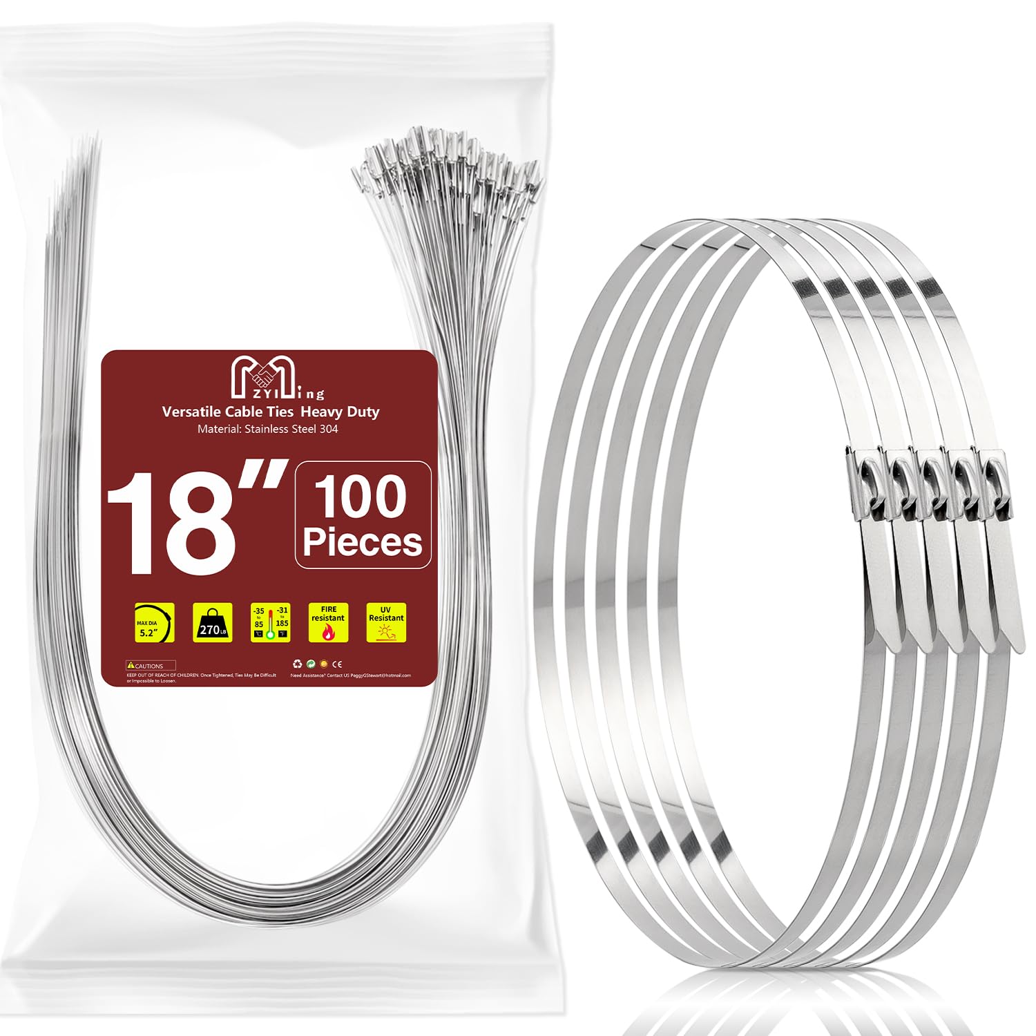 ZYIMING 100 Pack Metal Zip Ties 450mm Stainless Steel Cable Ties Heavy Duty Self-Locking Wire Ties Load-Bearing Tension 122kg High Temp UV Resistant