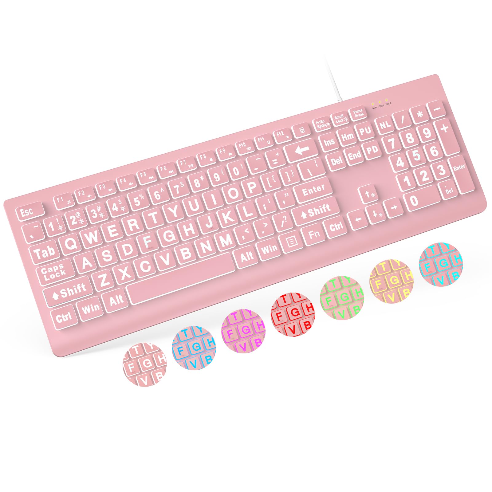 Photo 1 of SABLUTE Large Print Backlit Keyboard, Wired USB Lighted Computer Keyboards with 7-Color & 4 Modes Backlit, Oversize Letters Keys Easy to See and Type, Quiet Keyboard Compatible for PC, Laptop -Pink