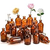 YOUEON 16 Pack Amber Glass Bud Vase, 8 Oz Living Bud Vases, Small Vases for Flowers, Decorative Amber Bottles for Table Cente