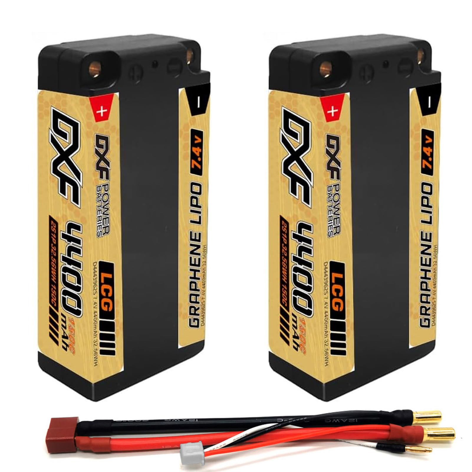 2S LiPo Battery 7.4V 4400mAh 150C Hard Case 2 Pack, DXF Short RC Battery with Deans T Plug 5mm Connector for 1/8 1/10 Scale RC Car Truck Buggy Truggy Boat Helicopter Racing Hobby Models