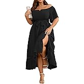 RWJ Women's Plus Size Dress for Cocktail Wedding Guest Formal V Neck Off The Shoulder Maxi Dress with Belt