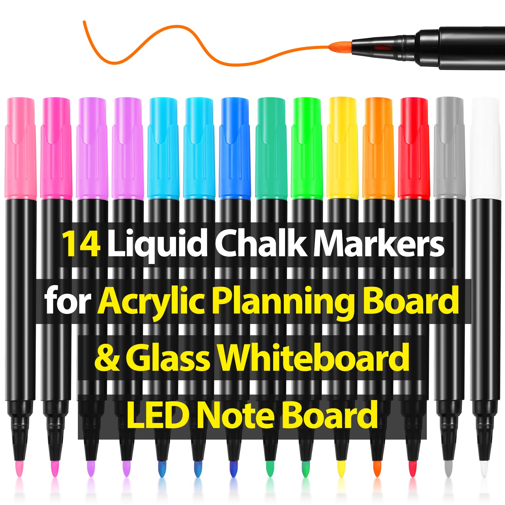Photo 1 of Liquid Chalk Markers for Acrylic Calendar Planning Board Clear Glass Dry Erase Board Whiteboard Window Mirror Christmas Halloween Painting LED Note Board, 14 Pack, 12 Vibrant Colors, 1mm Fine Points