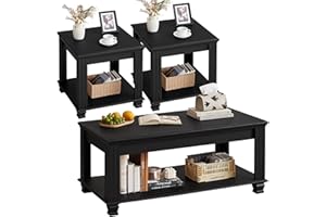 SAVOR LIFE Farmhouse Coffee Table Set of 3,Rustic Wooden Living Room Table Set,Large Coffee/End Side Tables with Open Shelf for Living Room,Black