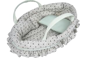 Rakki Dolli Doll Carry Cot Set, Sweet Dreams Soft Bassinet Doll Carrier Includes 1 Cot and 1 Pillow, Grayish Green Bear Doll Bassinet, Fits for 16 Inch American Girl Dolls