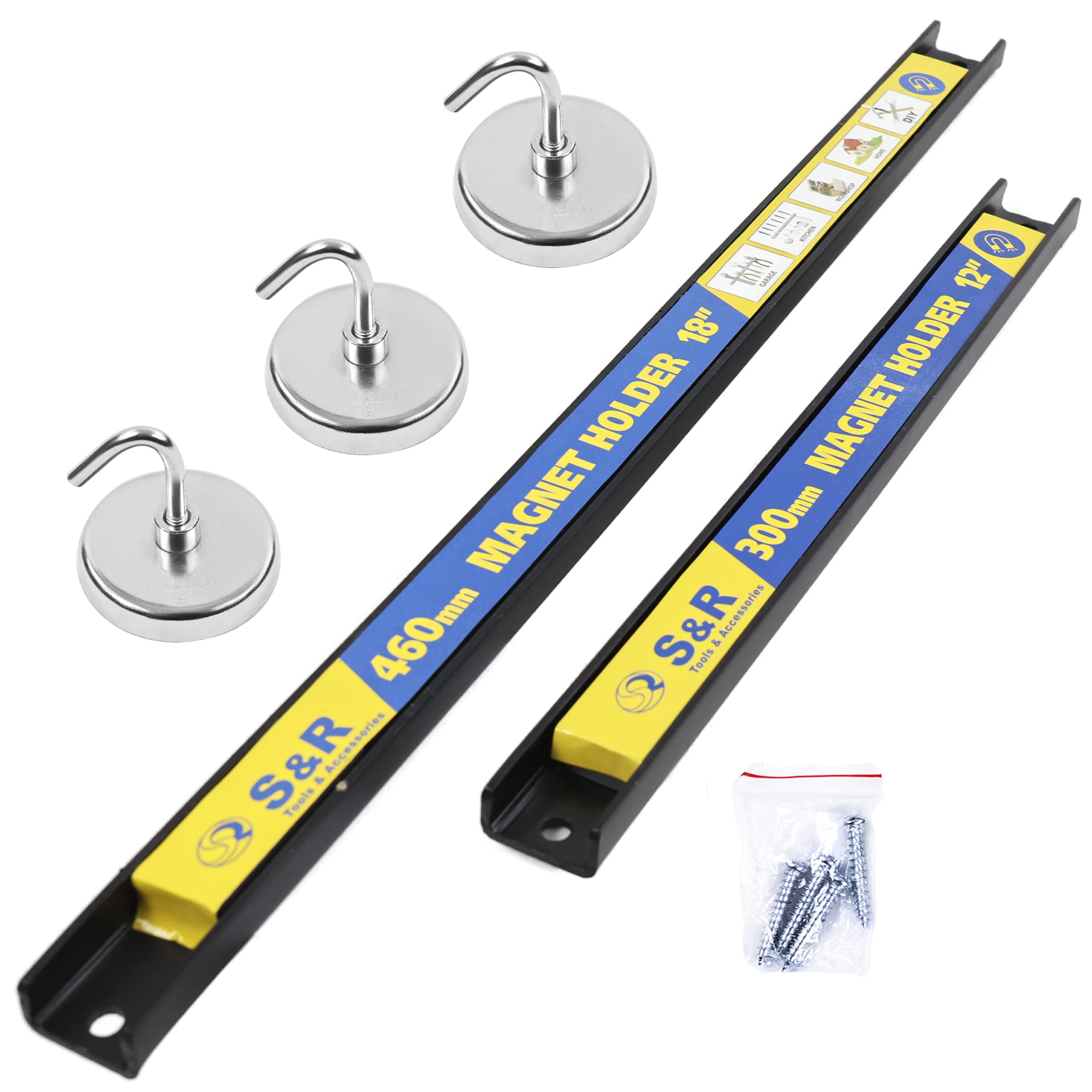 S&R set of 5: magnetic tool rack, tool holder, tool rail set consisting of 1x 30cm+ 1x 45cm + 3xmagnetic hooks.