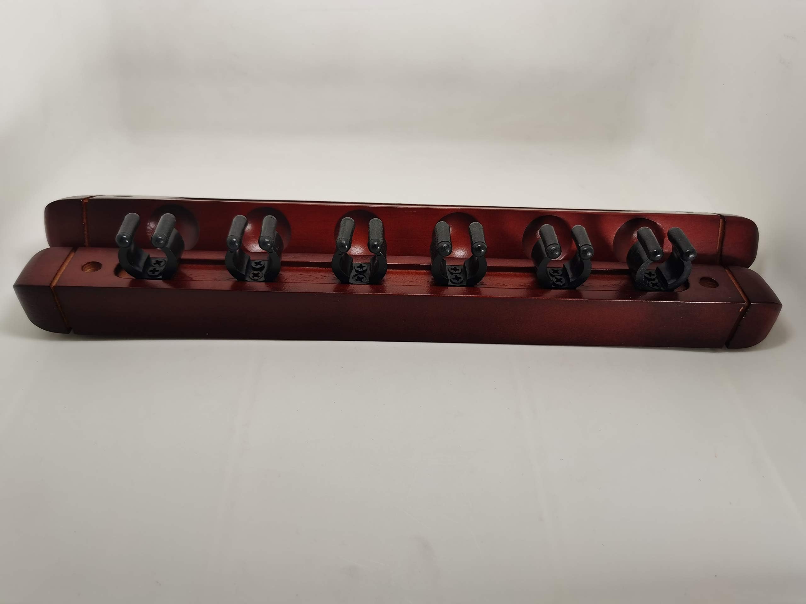 BALIKEN 2-Piece Billiard Pool Wall Mount Holds 6 Cue Sticks Solid Natural Wood Rack (Red)