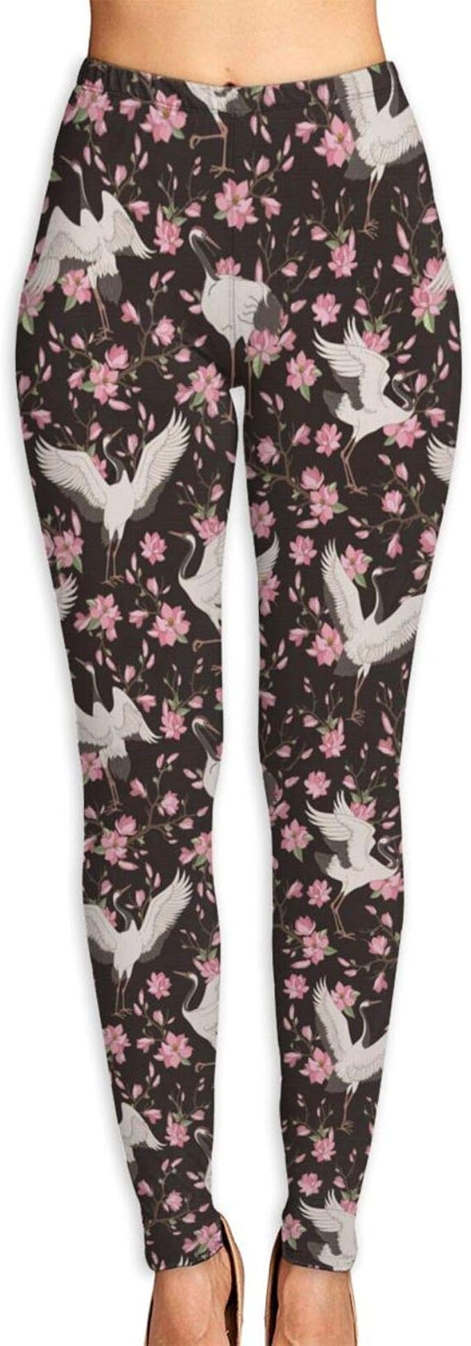 Ornate Magnolia Flowers Japanese Cranes Yoga Pants for