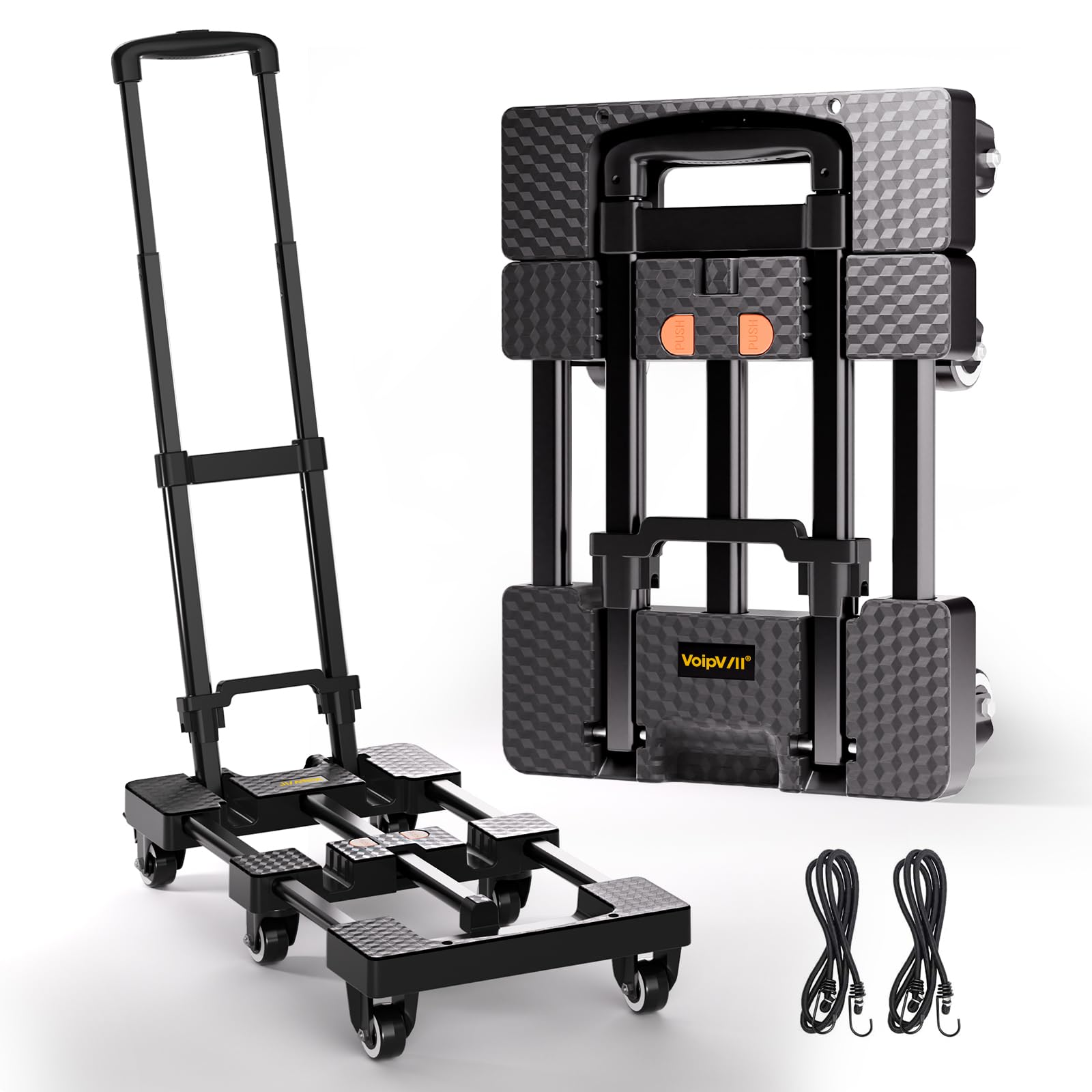 Photo 1 of Voipvvii Folding Hand Truck 600lbs, Portable Heavy Duty Dolly Cart, 6 Wheels Collapsible Luggage Cart with 2 Elastic Ropes - Compact Trolley Cart for Easy Moving - Ideal Hand Cart for Travel and More