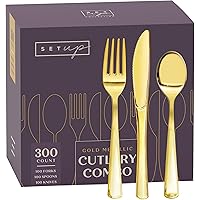 SETUP [300 Count] Disposable Silverware, Gold Combo Cutlery - 100 Forks, 100 Spoons, 100 Knives - Heavy Duty, and Durable Gol