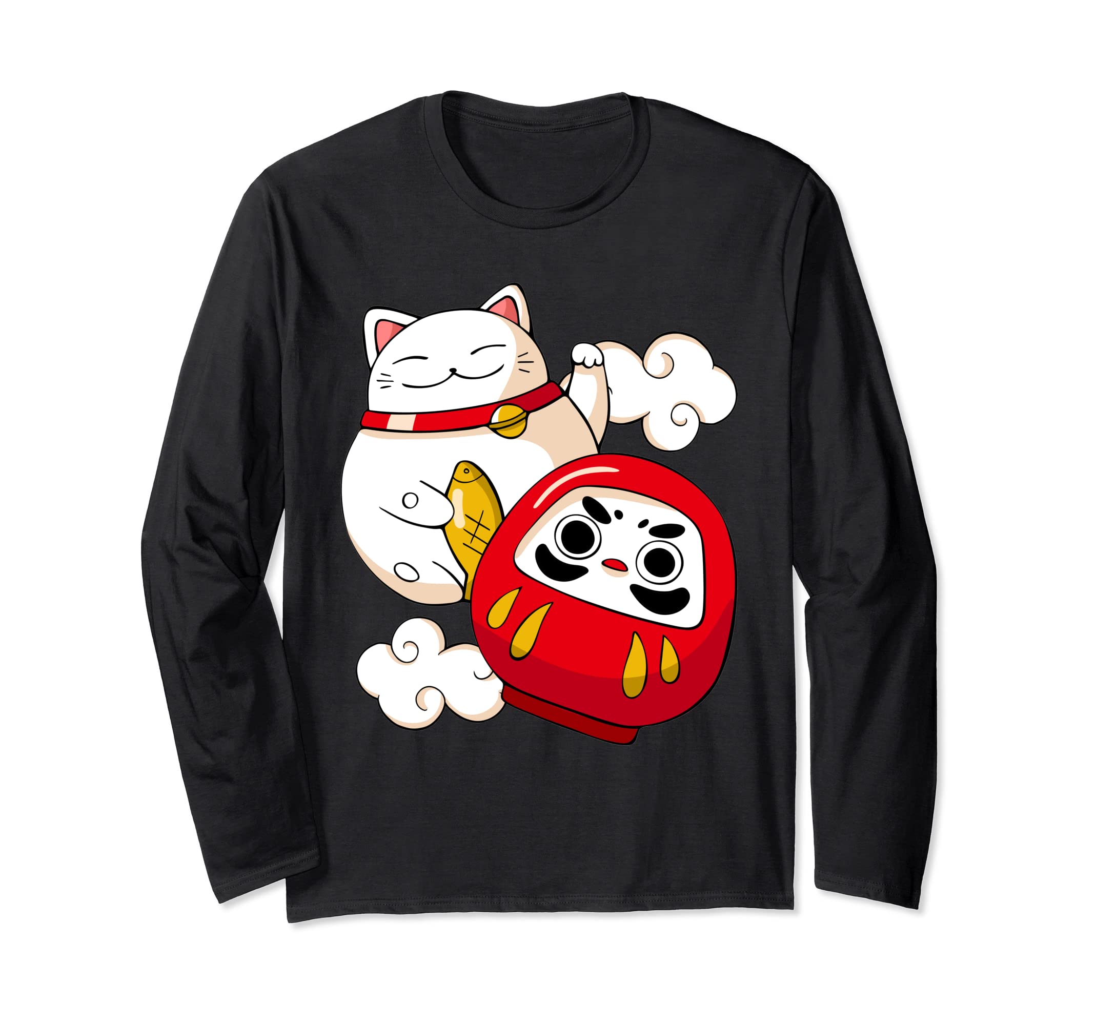 Maneki Neko Lucky Cat Japanese Daruma Doll Kawaii Long Sleeve T-Shirt
