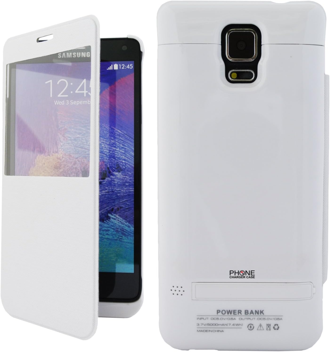 Samsung Galaxy Note 4 Power Bank Battery Case (5000mAh) with Flip Leather Cover and Integrated Media Kickstand by PhoneChargerCase (White)