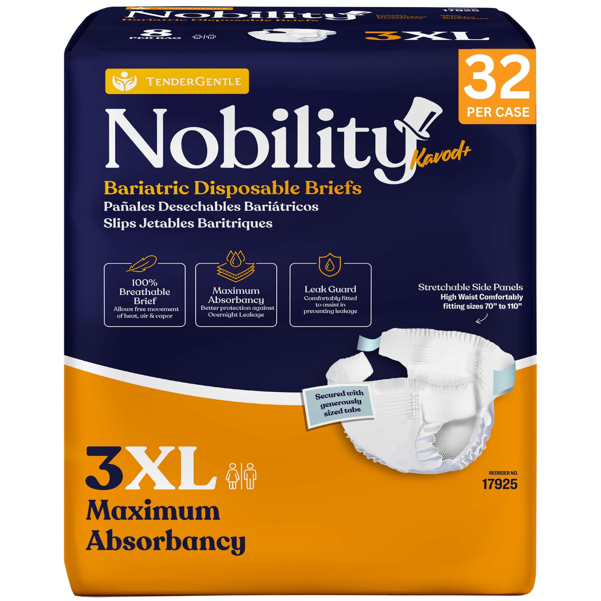 Photo 1 of 3XL Adult Diapers for Women and Men - Case of 32 Bariatric Disposable Briefs with Tabs and Stretchable Side Panels - Breathable with Max Absorbency
