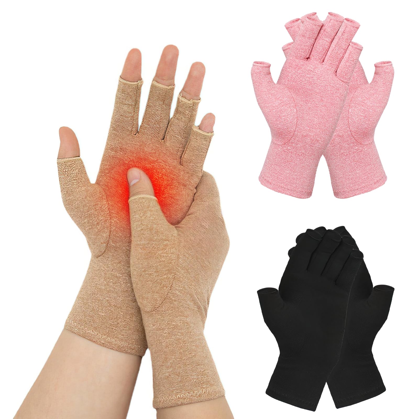 Xumann 3 Pairs Compression Gloves, Fingerless Arthritic Gloves Women Men, Carpal Tunnel Glove for Arthritic Hands Relief in Cold Office Typing