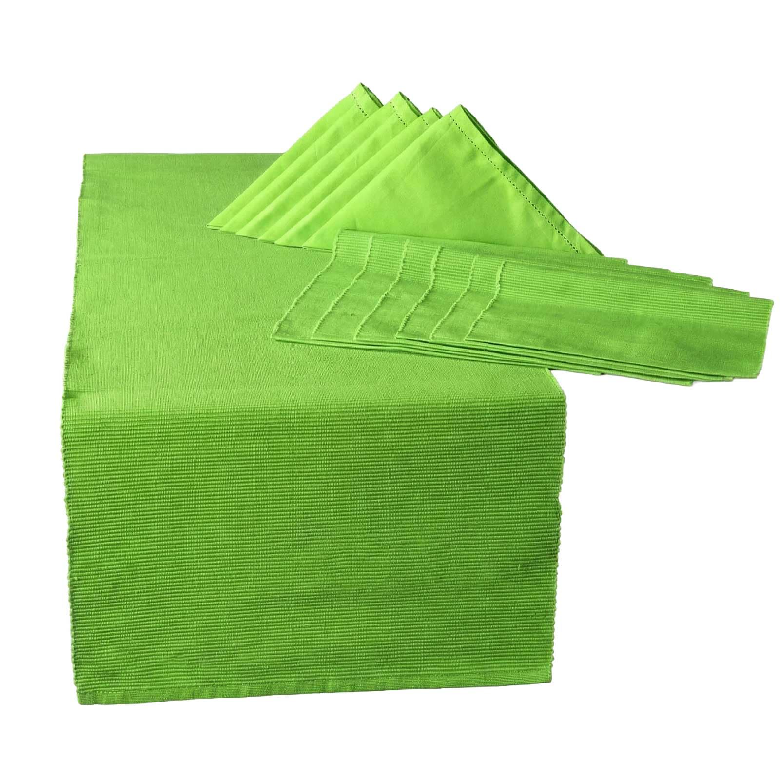HOMESCAPES - 6 Placemats 1 Table Runner and 6 Napkins Set - Lime Green - 100% Cotton - Hand Woven - Easy Care - Washable at 40 Deg C