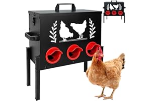 koretech Chicken Feeders, 30 lb Capacity 6 Port Automatic Chicken Feeder, Metal Chick Feeder with Locking Lid and Legs, Chicken Feeder for Chickens, Ducks, Geese(Black)
