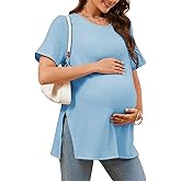 Tankaneo Womens Maternity T Shirts Summer Ribbed Short Sleeve Tunic Tops Textured Side Split Tee Pregnancy Clothes