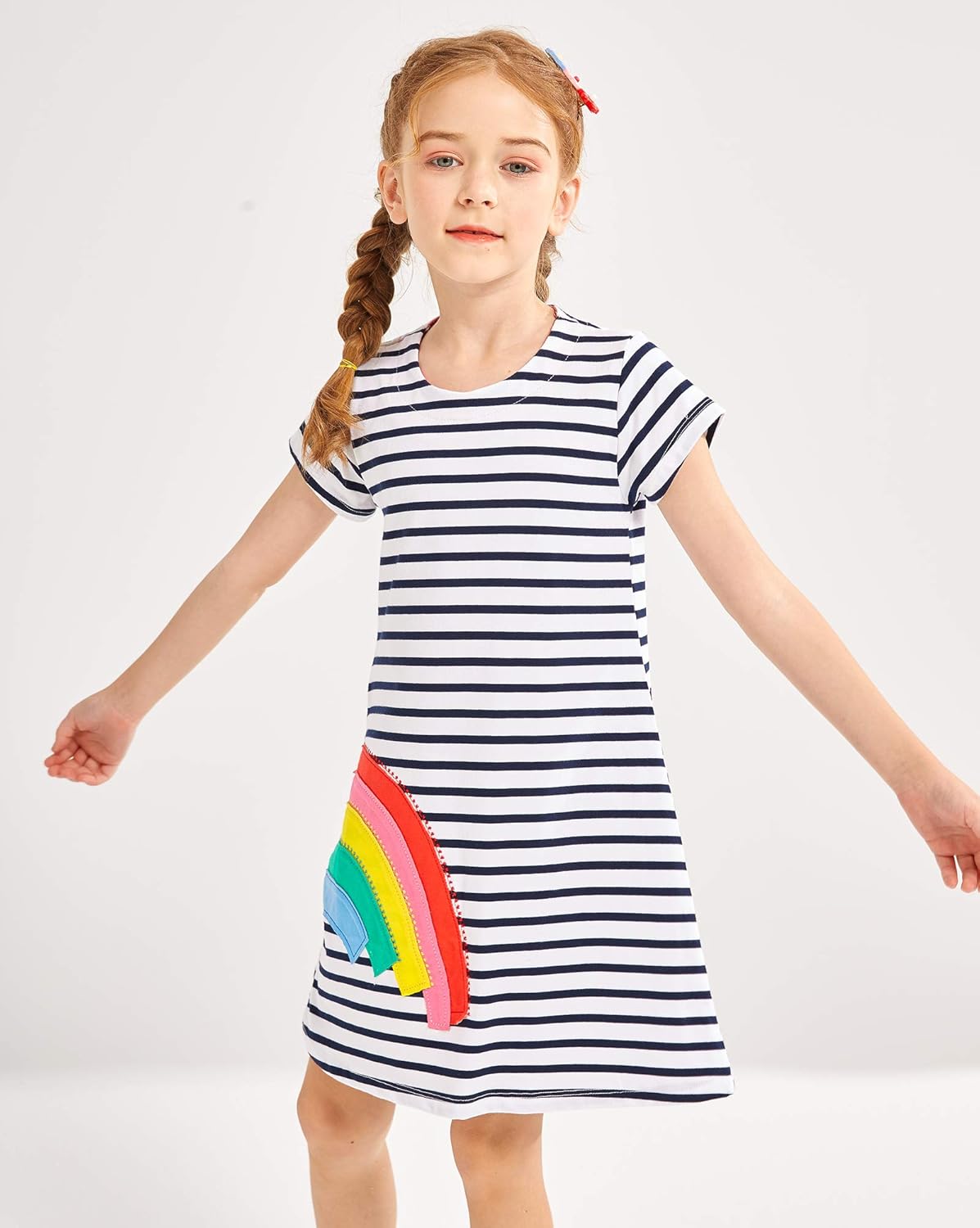 Fiream Girls Dresses Cotton Striped Cartoon Applique Casual Animal Printed Outfits Dress: Clothing