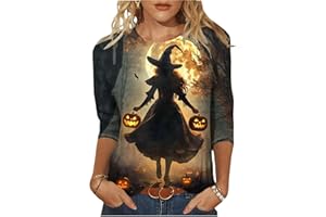 Generic Halloween Shirts for Women Trendy 3/4 Sleeve Tunic Tops Funny Ghost Pumpkin Print Pullover Blouse Cotton Fall Tshirt