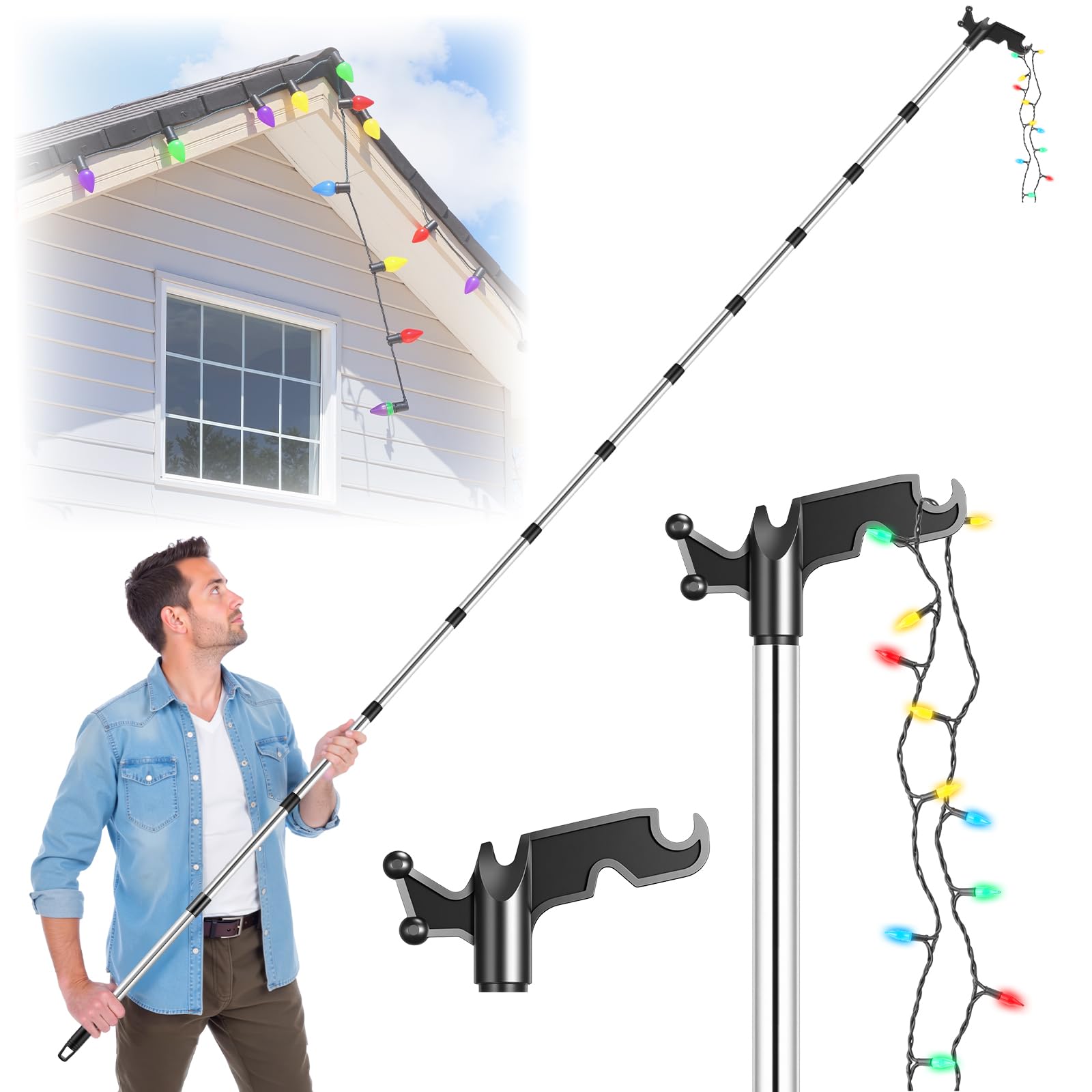 Photo 1 of ***MISSING ASSEMBLY PIECES*** Nigelia 3-15Ft Christmas Light Hanger Pole with Utility Hook, Adjustable Extension Pole for Hanging Christmas Lights, Outdoor String Light Installation Tools, String Light Hanging Kit
