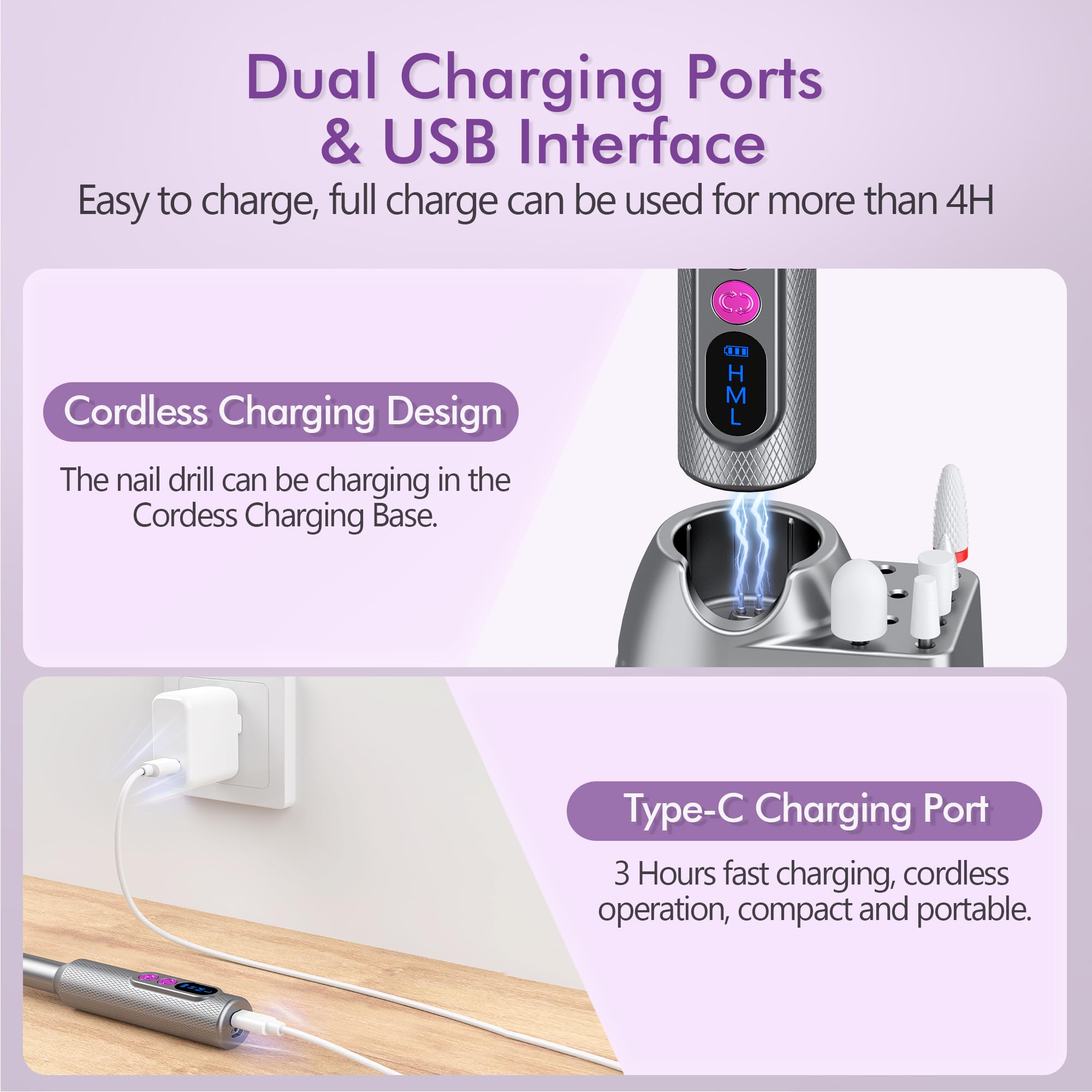 Nail Drill, Cordless Electric Nail Filer Professional E-File Nail Drill Kit for Acrylic, Gel Nails, Manicure Pedicure Polishing Shape Tools Design for Home Salon Use Gray - Image 6