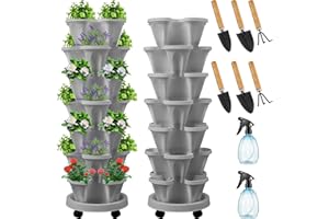 Umigy 2 Set of 7 Tier Vertical Planter Stackable Tower Planters Strawberry Herb Flower and Vegetable Pots Indoor Outdoor Gardening Pots with Removable Wheels and Tools(Light Gray)