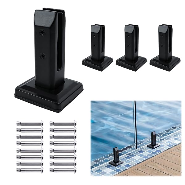MUZATA 4PACK BLACK GLASS RAILING SPIGOT CLAMP RECTANGLE STAINLESS STEEL POLISH BRACKET FOR GLASS THICKNESS 5/16”-7/16”(8MM-12MM) HEAVY DUTY POOL DECK FENCE RAILING POST GARDEN BALCONY GS10 SO4
