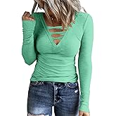HERILIOS Women Casual Long Sleeve Tunic Tops V-Neck T Shirts Criss Cross Ribbed Casual Tee Slim Fitted Fall Blouse