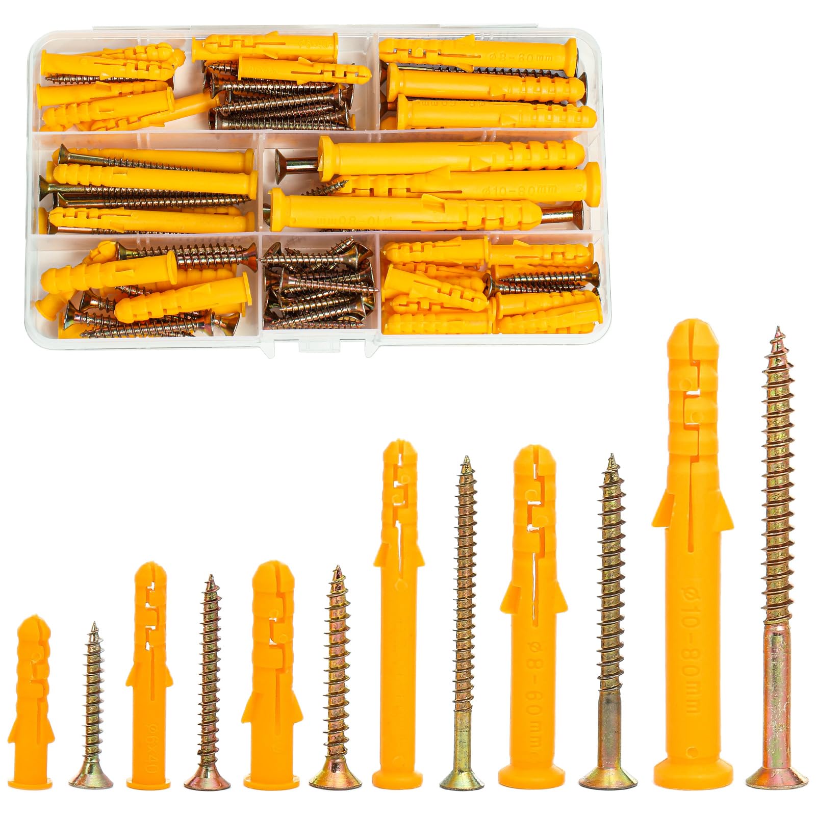 110 Pcs Screws and Wall Plugs Set, 6 Size M10 M8 M6 Wall Plugs and Screwsfor Brick Concrete Drywall Self Tapping Rawl Plugs Assorted(55 x Masonry Screws, 55 x Expansion Anchor Bolts)