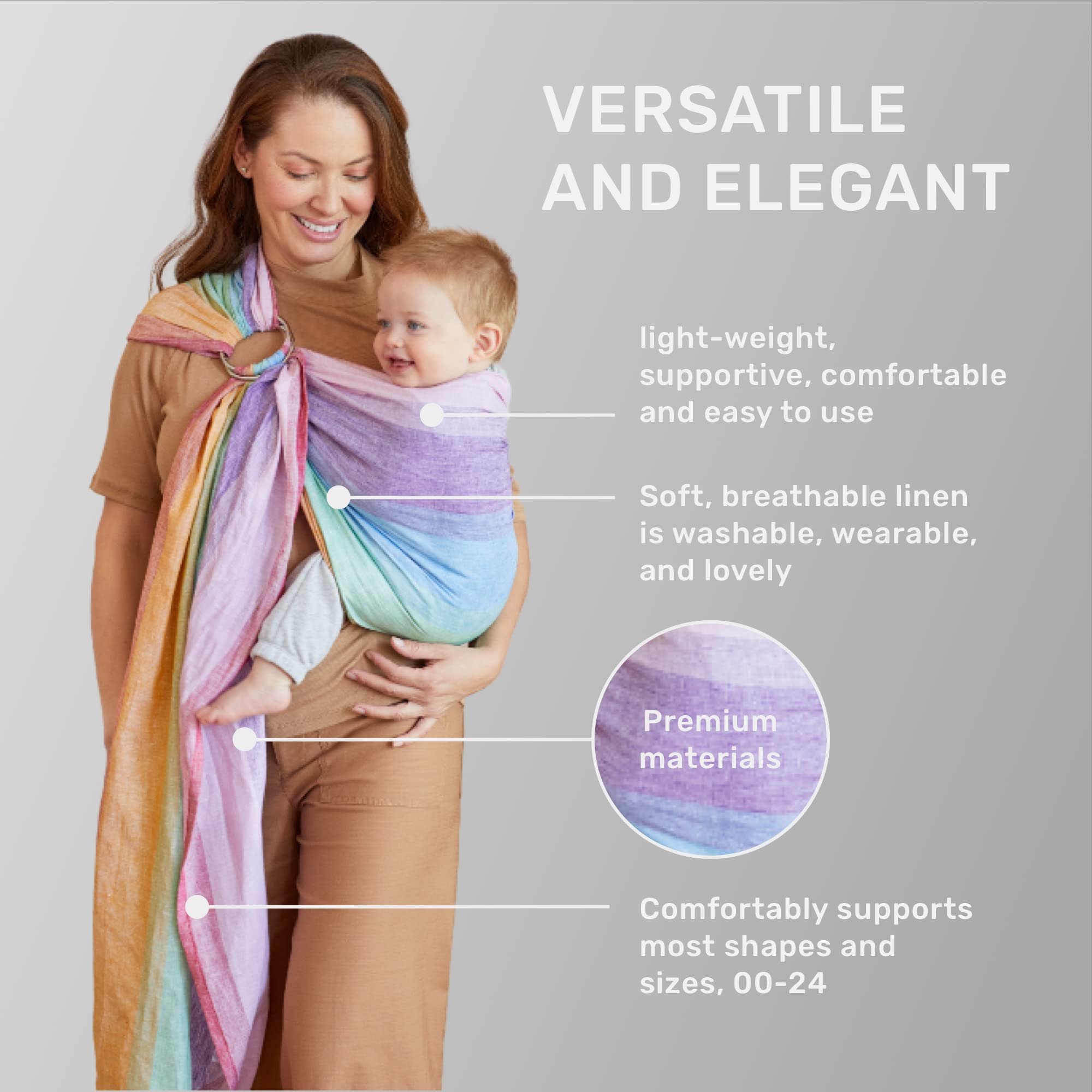 LÍLLÉbaby Ring Sling Baby Wrap Carrier for Infants & Toddlers (8-30lbs), Made for Versatile Babywearing, Support Wrap for Mother's, Adjustable & Sturdy, Lightweight & Comfortable (Rainbow)