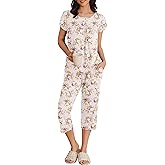 Ekouaer Womens Pajama Set Short Sleeve Sleepwear Pleated Floral Pjs Set Capri Pants Lounge Sets with Pockets S-XXL