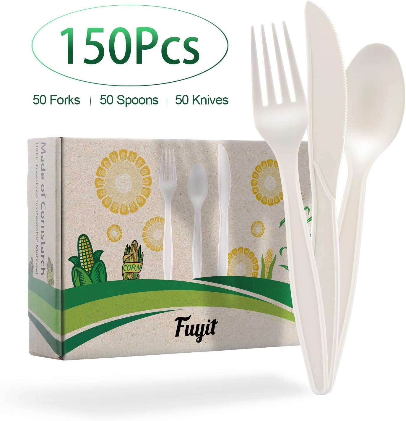 Fuyit 150 Count Compostable Cutlery Set, Disposable Biodegradable Utensils Eco