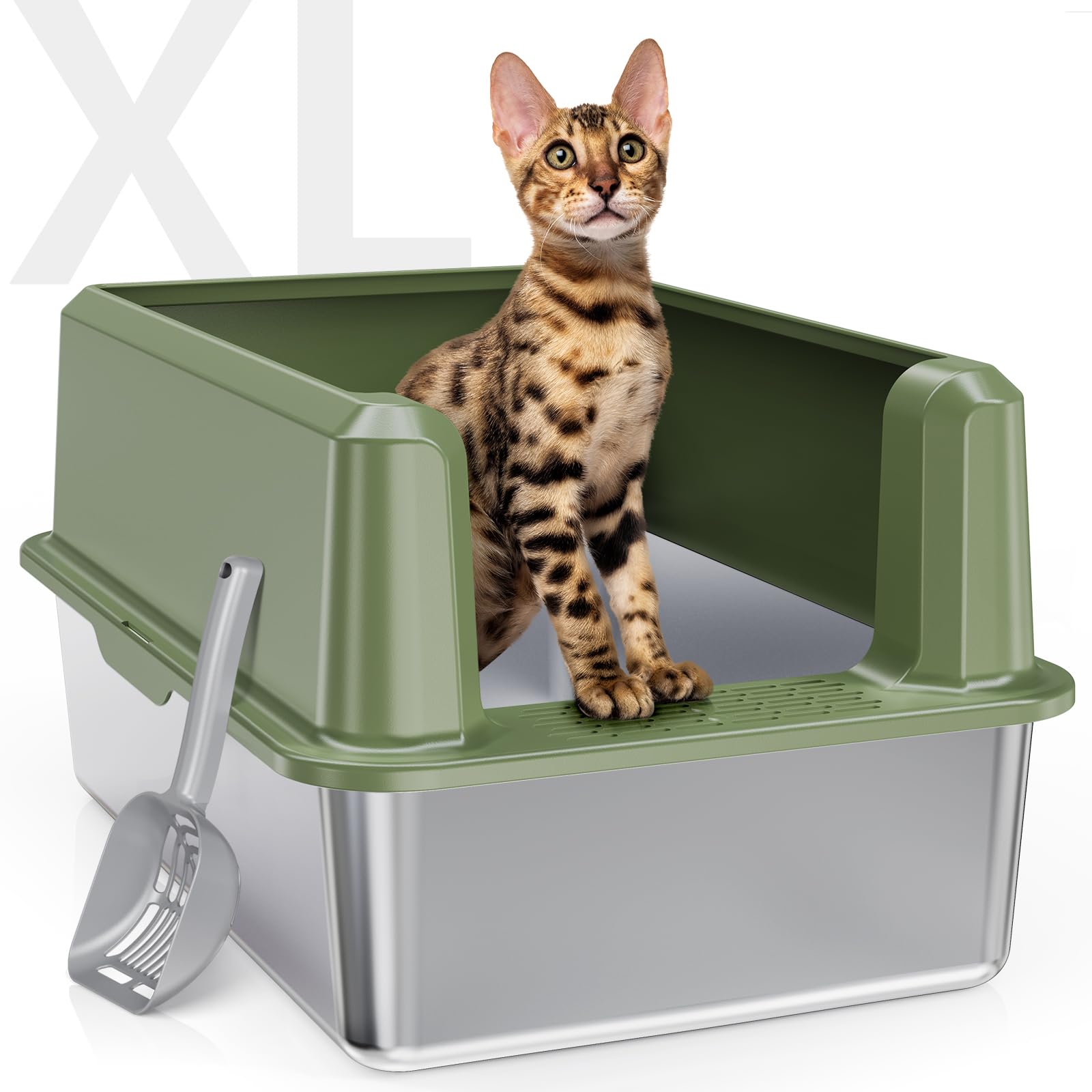Photo 1 of WoofiGo Enclosed Stainless Steel Cat Litter Box with Lid, XL Extra Large Litter Box for Big Cats, Metal Litter Pan High Sided, Never Absorbs Odors, Anti-Urine Leakage, Include Scoop (Green)
